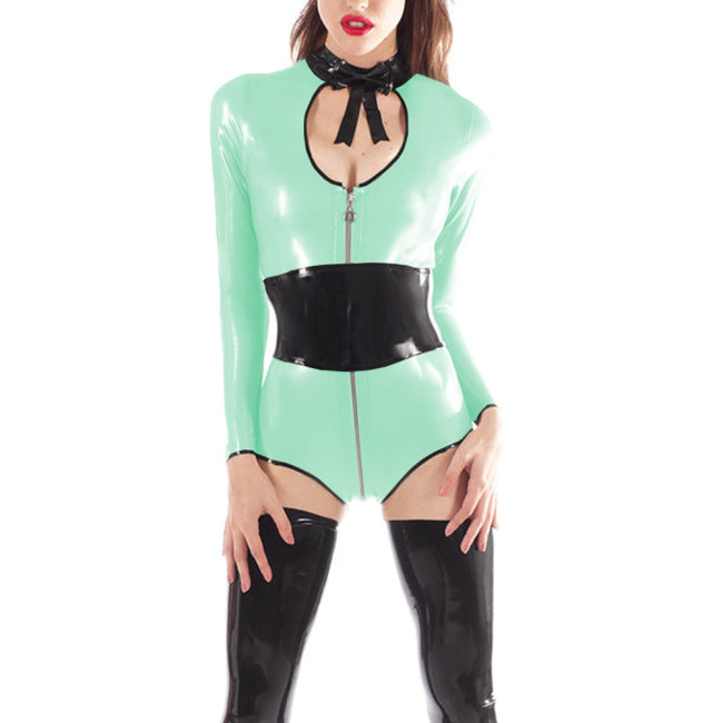 Fetish Long Sleeves Wet Look Bodysuit Zipper Front Hollow Glossy PVC Leather Rompers Nightclub Bow Round Collar One-Piece Tights