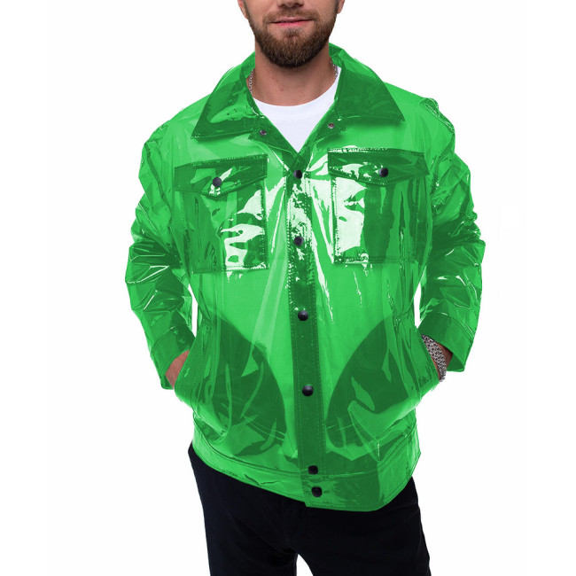 Men’s Punk Transparent Vinyl Jacket Gothic Moto Pocket Clear PVC Long Sleeve Jackers Fashion Male Fetish Plastic Coats Outerwear