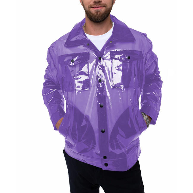 Men’s Punk Transparent Vinyl Jacket Gothic Moto Pocket Clear PVC Long Sleeve Jackers Fashion Male Fetish Plastic Coats Outerwear