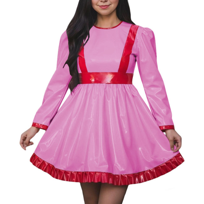 Women High Waist A-line Swing Dress Vinyl PVC Leather Long Sleeve Party Dress Halloween Cosplay Uniforms Dress Crossdressing