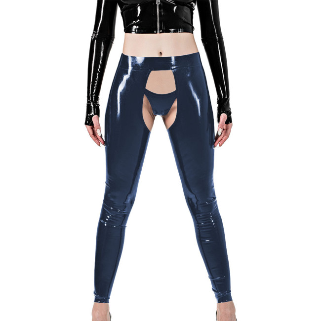 Erotic Sexy Crotchless Leggings Vinyl Glossy Leather Open Butt and Front Cutout Tights Pant with Brief Exotic Fetish Clubwear
