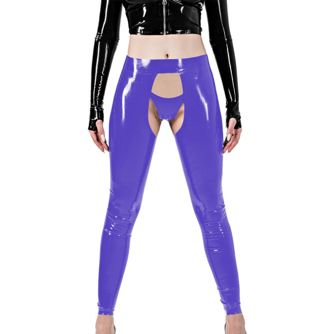 Erotic Sexy Crotchless Leggings Vinyl Glossy Leather Open Butt and Front Cutout Tights Pant with Brief Exotic Fetish Clubwear