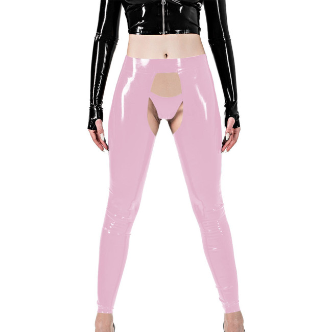 Erotic Sexy Crotchless Leggings Vinyl Glossy Leather Open Butt and Front Cutout Tights Pant with Brief Exotic Fetish Clubwear