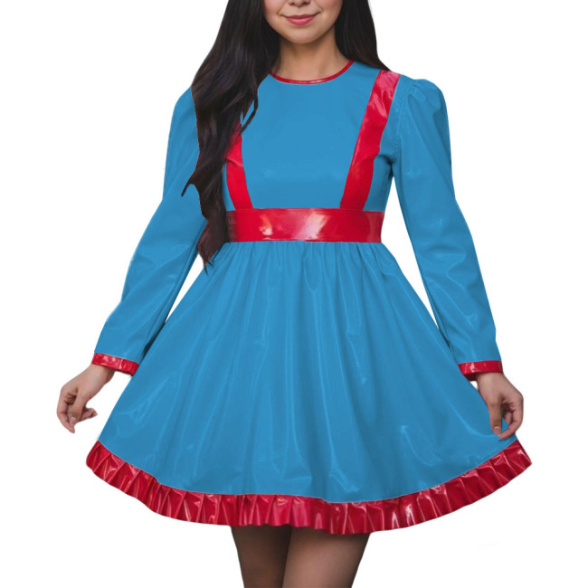 Women High Waist A-line Swing Dress Vinyl PVC Leather Long Sleeve Party Dress Halloween Cosplay Uniforms Dress Crossdressing