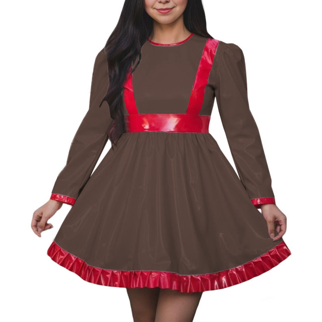 Women High Waist A-line Swing Dress Vinyl PVC Leather Long Sleeve Party Dress Halloween Cosplay Uniforms Dress Crossdressing