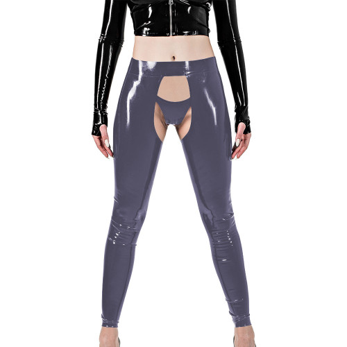 Erotic Sexy Crotchless Leggings Vinyl Glossy Leather Open Butt and Front Cutout Tights Pant with Brief Exotic Fetish Clubwear