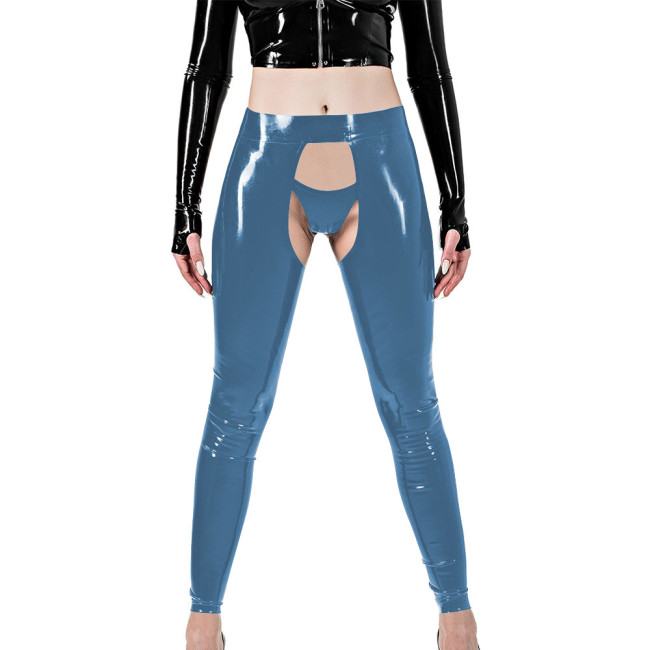 Erotic Sexy Crotchless Leggings Vinyl Glossy Leather Open Butt and Front Cutout Tights Pant with Brief Exotic Fetish Clubwear