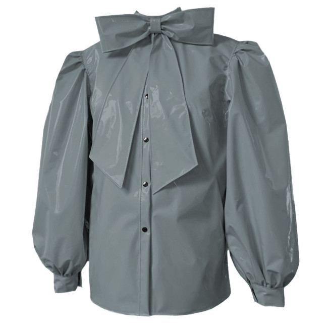 Plus Size Latex-look PVC Bow Blouses Fashion Chic Puff Long Sleevs Slim Shirts Smooth Patent Leather Button-up Womens Shirts Top