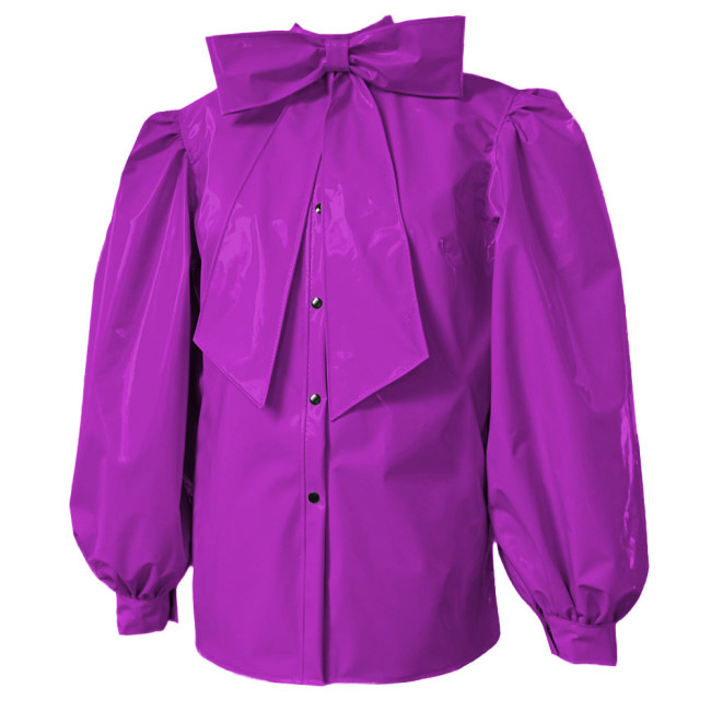 Plus Size Latex-look PVC Bow Blouses Fashion Chic Puff Long Sleevs Slim Shirts Smooth Patent Leather Button-up Womens Shirts Top
