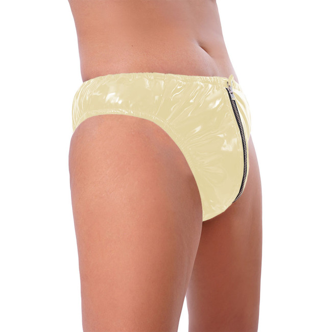 Sexy Mens Shiny Leather Panties Wetlook PVC Leather Briefs Gay Underwear Zipper Open Crotch Briefs Sissy G-string Sexy Lingerie