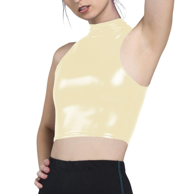 Plus Size Vinyl PU Crop Top Sexy Womens Turtleneck Slim Tank Top Punk Gothic Wet Look PVC Leather Vest with Zipper Back Clubwear
