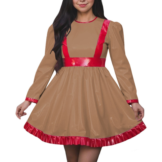 Women High Waist A-line Swing Dress Vinyl PVC Leather Long Sleeve Party Dress Halloween Cosplay Uniforms Dress Crossdressing
