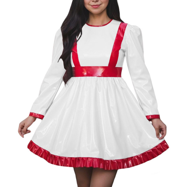 Women High Waist A-line Swing Dress Vinyl PVC Leather Long Sleeve Party Dress Halloween Cosplay Uniforms Dress Crossdressing