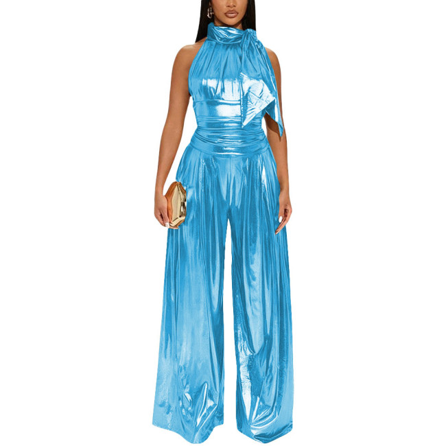 Plus Size Cocktail Party Jumpsuit Liquid Metallic High Neck Sleeveless Elegant Jumpsuits Womens Shiny Wide Leg Jumpsuit Rompers