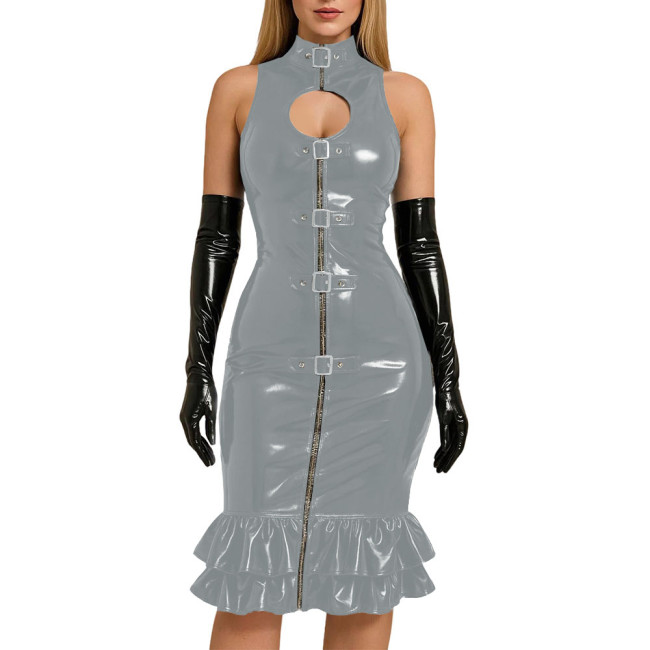 Chic Sexy Buckle Front Bodycon Dress Evening Ball Gowns Glossy PVC Leather Slim Knee-length Mermaid Dress with Gloves Clubwear