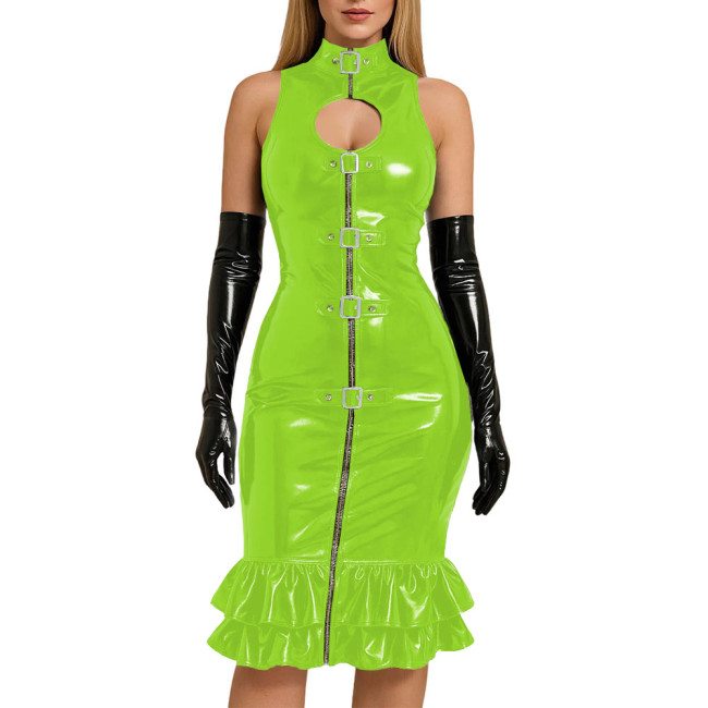 Chic Sexy Buckle Front Bodycon Dress Evening Ball Gowns Glossy PVC Leather Slim Knee-length Mermaid Dress with Gloves Clubwear