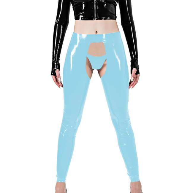Erotic Sexy Crotchless Leggings Vinyl Glossy Leather Open Butt and Front Cutout Tights Pant with Brief Exotic Fetish Clubwear
