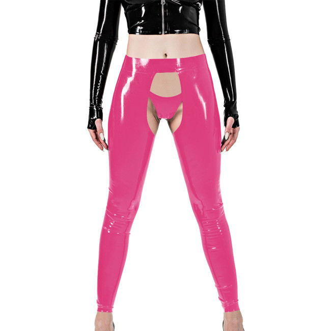 Erotic Sexy Crotchless Leggings Vinyl Glossy Leather Open Butt and Front Cutout Tights Pant with Brief Exotic Fetish Clubwear