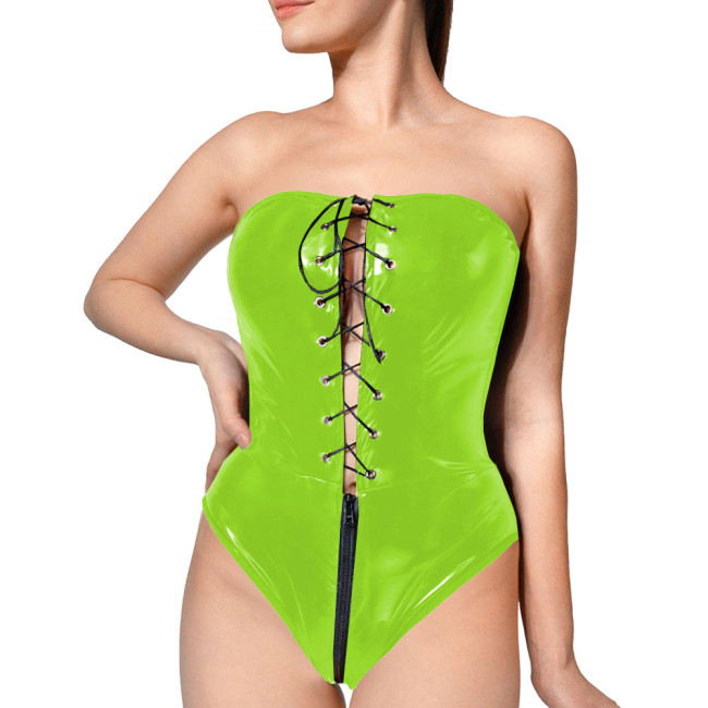 Club Tight Sleeveless Bodysuits Sexy PVC Shiny Strapless Cut Out Bodysuit Women Backless One Piece Zipper Crotch Rompers Party
