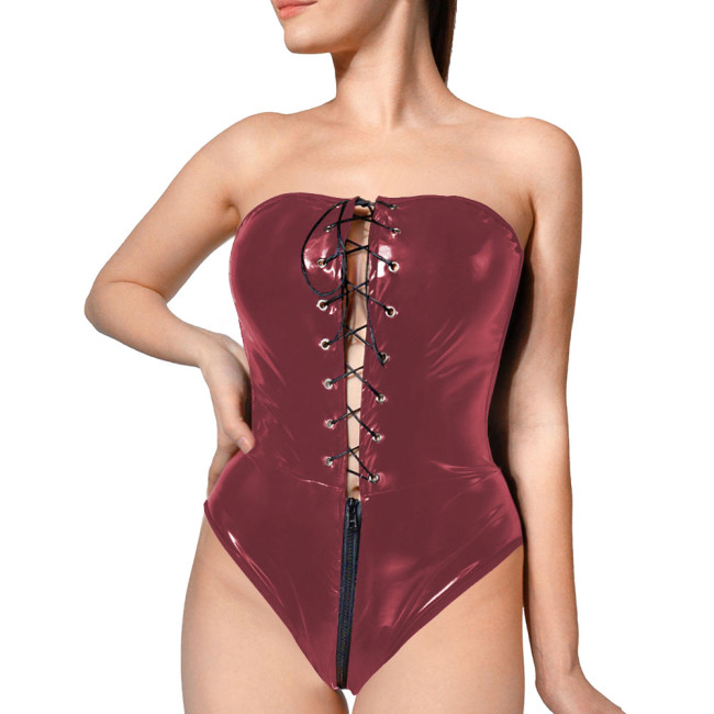 Club Tight Sleeveless Bodysuits Sexy PVC Shiny Strapless Cut Out Bodysuit Women Backless One Piece Zipper Crotch Rompers Party
