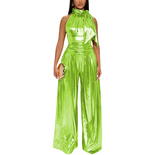 Plus Size Cocktail Party Jumpsuit Liquid Metallic High Neck Sleeveless Elegant Jumpsuits Womens Shiny Wide Leg Jumpsuit Rompers