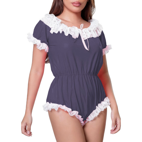 Lolita Sissy Short Puff Sleeves Bodysuit Trimmed Lace Glossy Romper Unisex Wetlook Patent Leather Maid Rompers Adult Cosplay Set