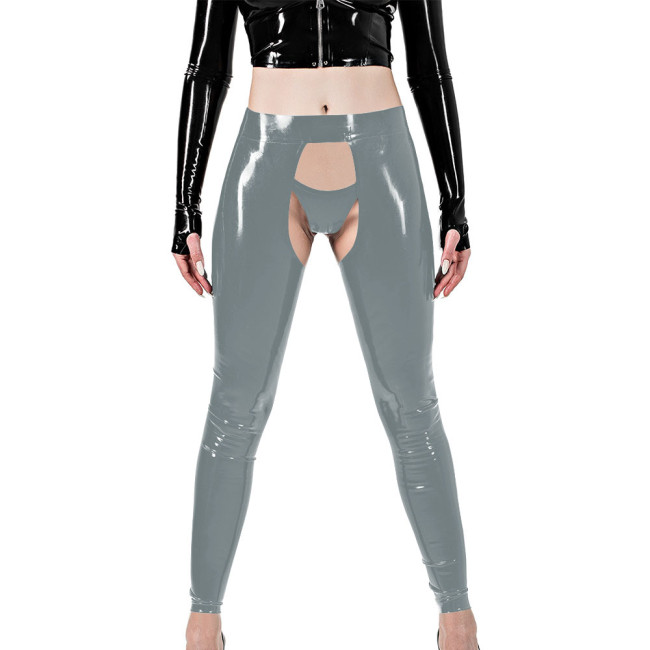 Erotic Sexy Crotchless Leggings Vinyl Glossy Leather Open Butt and Front Cutout Tights Pant with Brief Exotic Fetish Clubwear