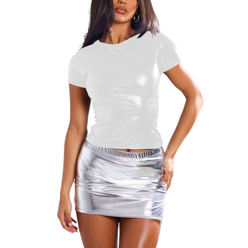 Plus Size Party Casual Shiny T-shirts Womens Round Neck Short Sleeve Metallic Shiny T-Shirts Solid Color Tops Ladies Streetwear