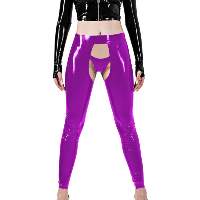 Erotic Sexy Crotchless Leggings Vinyl Glossy Leather Open Butt and Front Cutout Tights Pant with Brief Exotic Fetish Clubwear