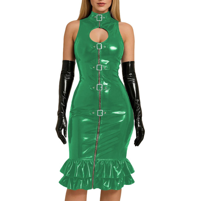 Chic Sexy Buckle Front Bodycon Dress Evening Ball Gowns Glossy PVC Leather Slim Knee-length Mermaid Dress with Gloves Clubwear