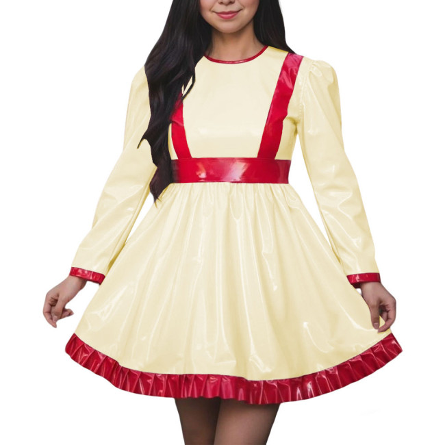 Women High Waist A-line Swing Dress Vinyl PVC Leather Long Sleeve Party Dress Halloween Cosplay Uniforms Dress Crossdressing
