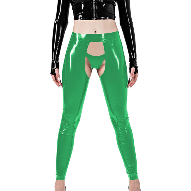 Erotic Sexy Crotchless Leggings Vinyl Glossy Leather Open Butt and Front Cutout Tights Pant with Brief Exotic Fetish Clubwear