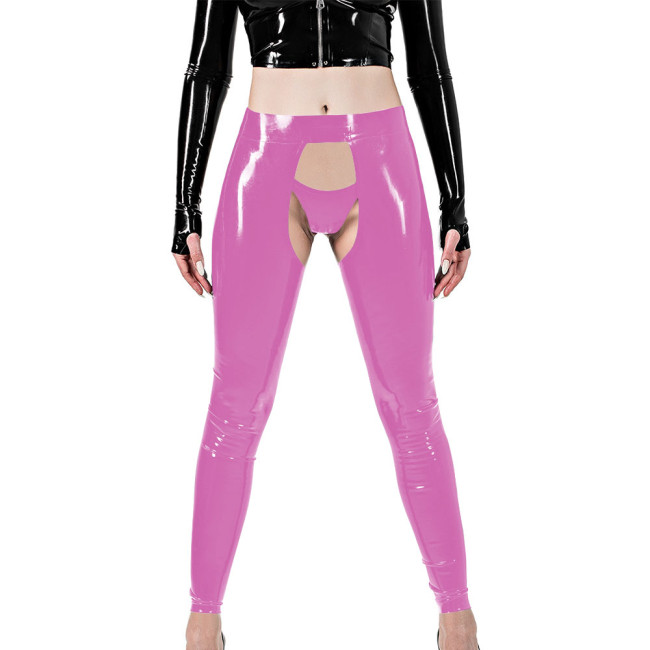 Erotic Sexy Crotchless Leggings Vinyl Glossy Leather Open Butt and Front Cutout Tights Pant with Brief Exotic Fetish Clubwear