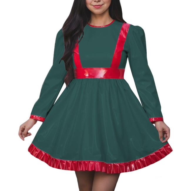 Women High Waist A-line Swing Dress Vinyl PVC Leather Long Sleeve Party Dress Halloween Cosplay Uniforms Dress Crossdressing