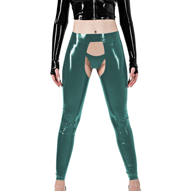 Erotic Sexy Crotchless Leggings Vinyl Glossy Leather Open Butt and Front Cutout Tights Pant with Brief Exotic Fetish Clubwear