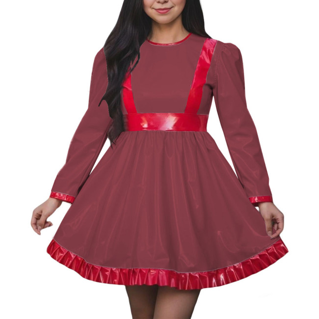 Women High Waist A-line Swing Dress Vinyl PVC Leather Long Sleeve Party Dress Halloween Cosplay Uniforms Dress Crossdressing