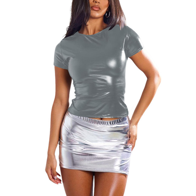 Plus Size Party Casual Shiny T-shirts Womens Round Neck Short Sleeve Metallic Shiny T-Shirts Solid Color Tops Ladies Streetwear
