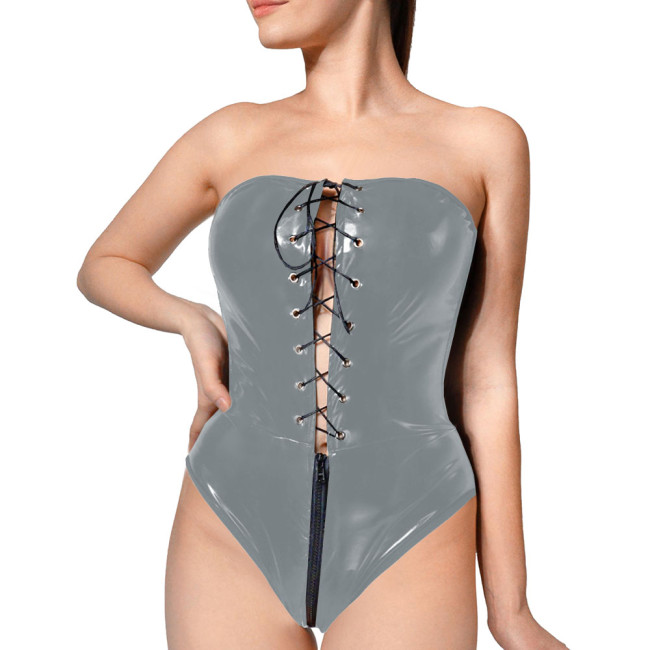 Club Tight Sleeveless Bodysuits Sexy PVC Shiny Strapless Cut Out Bodysuit Women Backless One Piece Zipper Crotch Rompers Party
