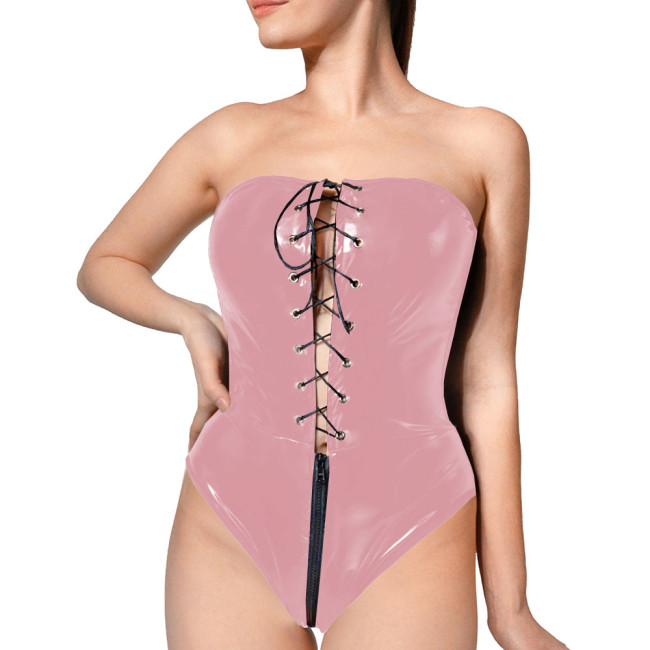Club Tight Sleeveless Bodysuits Sexy PVC Shiny Strapless Cut Out Bodysuit Women Backless One Piece Zipper Crotch Rompers Party