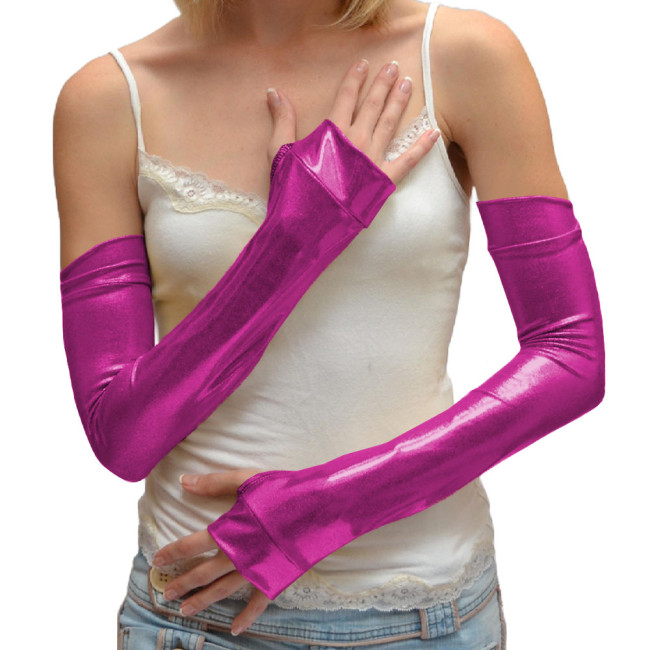 Fashion Fingerless Shiny Metallic Long Gloves Halloween Dress Up Cosplay Accessory Club Sexy Elbow Length Wetlook Stretch Gloves