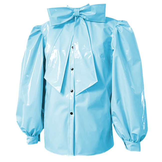 Plus Size Latex-look PVC Bow Blouses Fashion Chic Puff Long Sleevs Slim Shirts Smooth Patent Leather Button-up Womens Shirts Top