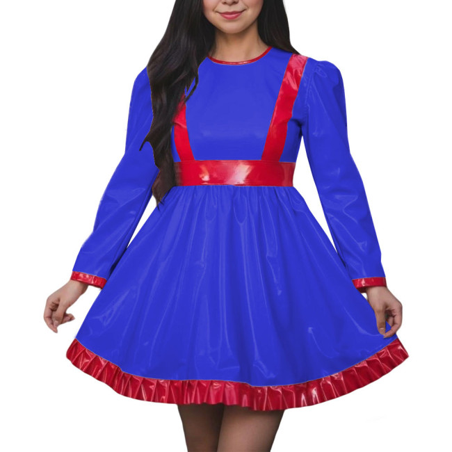 Women High Waist A-line Swing Dress Vinyl PVC Leather Long Sleeve Party Dress Halloween Cosplay Uniforms Dress Crossdressing