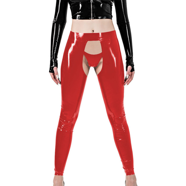 Erotic Sexy Crotchless Leggings Vinyl Glossy Leather Open Butt and Front Cutout Tights Pant with Brief Exotic Fetish Clubwear
