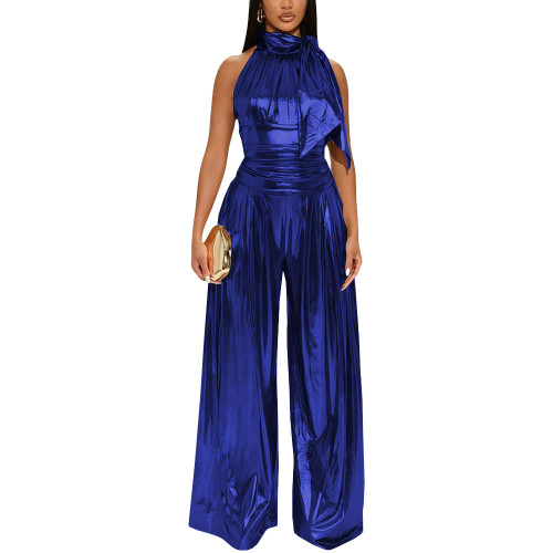 Plus Size Cocktail Party Jumpsuit Liquid Metallic High Neck Sleeveless Elegant Jumpsuits Womens Shiny Wide Leg Jumpsuit Rompers
