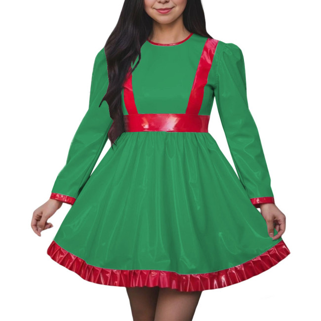 Women High Waist A-line Swing Dress Vinyl PVC Leather Long Sleeve Party Dress Halloween Cosplay Uniforms Dress Crossdressing