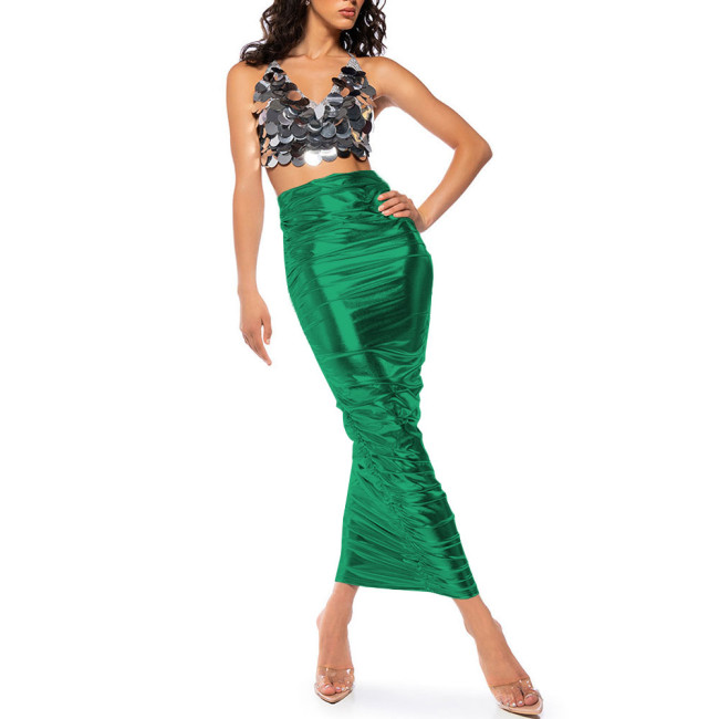 Sexy High Waist Ruched Maxi Skirts Metallic Shiny Slim Fit Elegance Party Long Skirts with Pleat Womens Pencil Skirts Clubwear