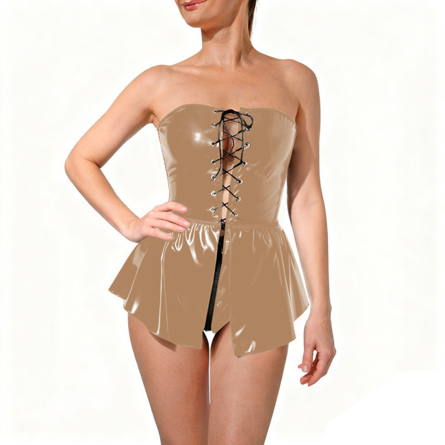 Sexy Lace-up Hollow PVC Shiny Bodysuit Nightclub Off Shoulder Strapless Skirted Rompers Wet Glossy Leather Raves Outfit Clubwear
