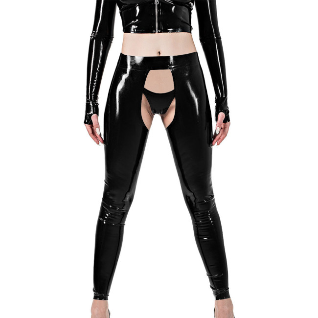 Erotic Sexy Crotchless Leggings Vinyl Glossy Leather Open Butt and Front Cutout Tights Pant with Brief Exotic Fetish Clubwear