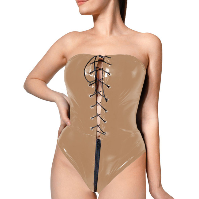 Club Tight Sleeveless Bodysuits Sexy PVC Shiny Strapless Cut Out Bodysuit Women Backless One Piece Zipper Crotch Rompers Party