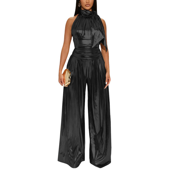 Plus Size Cocktail Party Jumpsuit Liquid Metallic High Neck Sleeveless Elegant Jumpsuits Womens Shiny Wide Leg Jumpsuit Rompers